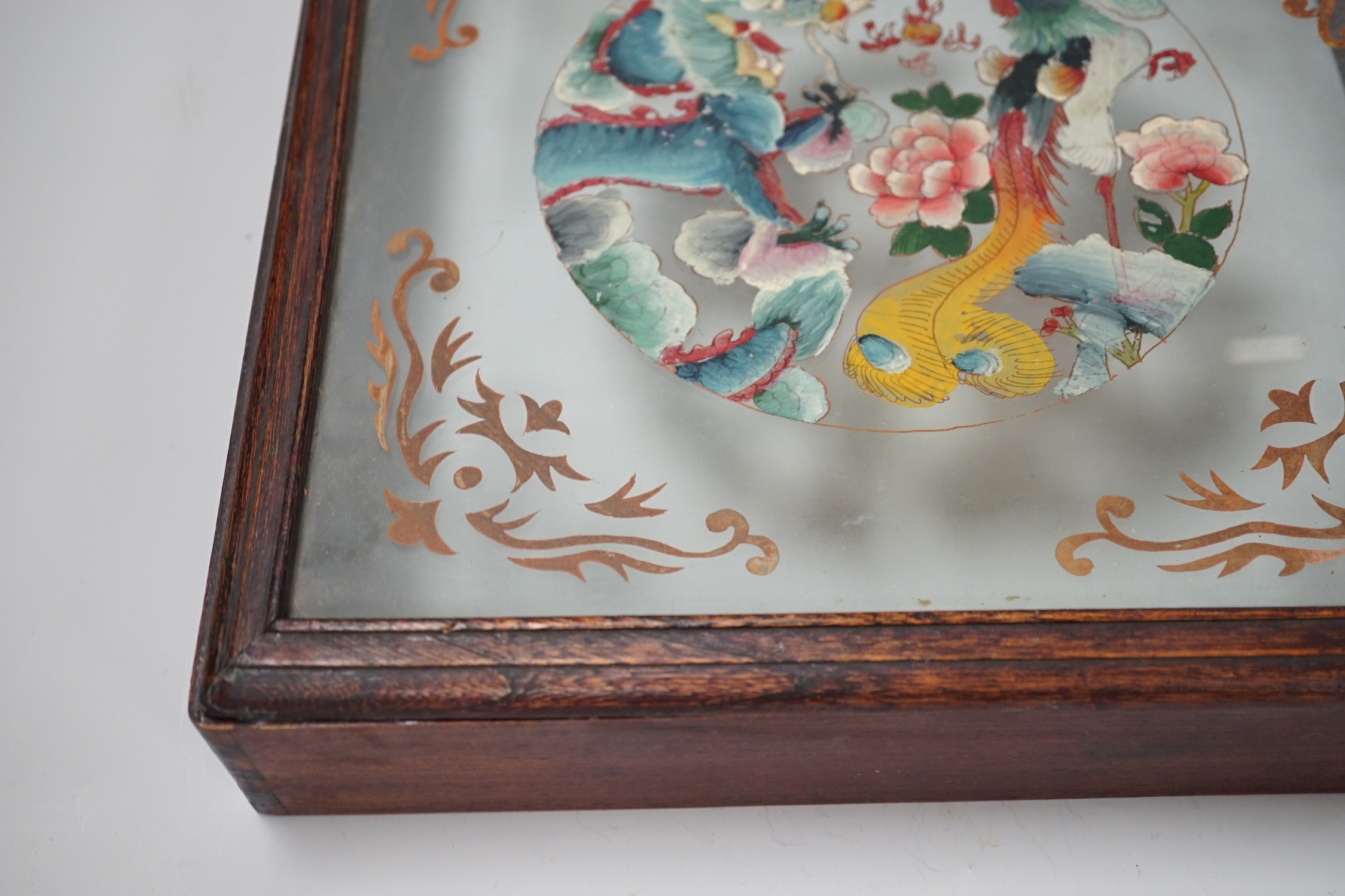 A Chinese reverse glass painting and a box cover with reverse painted glass panel